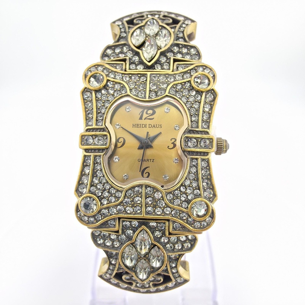Vtg HEIDI DAUS Ladies Watch SWAROVSKI Crystals Black Leather Band Gold Finish 7" - Picture 3 of 14